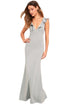 Sexy Gray Deep V Neck Ruffle Detail Maxi Party Dress