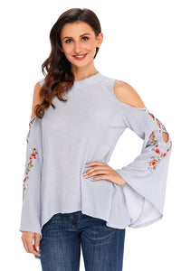 Sexy Gray Embroidered Crisscross Bell Sleeve Blouse
