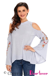 Sexy Gray Embroidered Crisscross Bell Sleeve Blouse