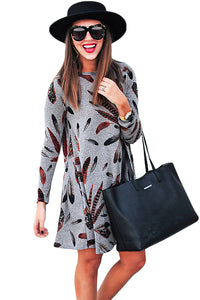 Sexy Gray Feather Graphic Pocket Tunic Dress