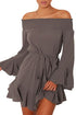 Sexy Gray Flare Sleeve Drop Hem Pleated Off Shoulder Dress