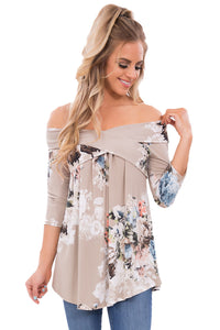 Sexy Gray Floral Off Shoulder Crisscross Top