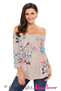 Sexy Gray Floral Off Shoulder Crisscross Top