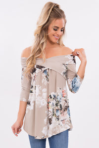 Sexy Gray Floral Off Shoulder Crisscross Top