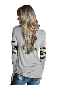 Sexy Gray Floral Print Splice Sleeve Pullover Blouse