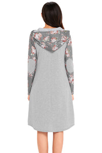Sexy Gray Floral Sleeve Shift Hoodie Dress