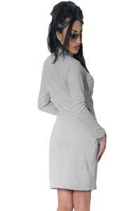 Sexy Gray Full-length Zipped Front High Neck Long Sleeve Dress