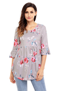 Sexy Gray Grounding Floral Print Babydoll Top