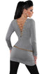 Sexy Gray Knit V Neck Chain Lace up Back Sweater Top