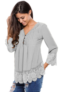 Sexy Gray Lace Detail Button Up Sleeved Blouse