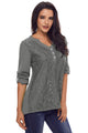 Sexy Gray Lace Panel Split Neck Roll Tab Sleeve Blouse