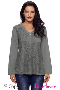 Sexy Gray Lace Panel Split Neck Roll Tab Sleeve Blouse