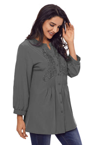 Sexy Gray Lace and Pleated Detail Button up Blouse