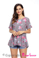 Sexy Gray Lace-up Back Floral Ruffle Top