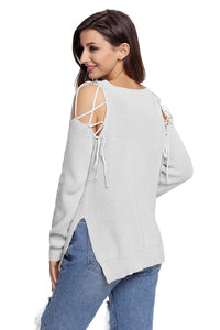 Sexy Gray Lace up Shoulder Sweater