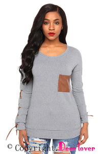 Sexy Gray Lace up Sleeve Front Pocket Women’s Casual Top