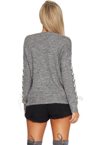 Sexy Gray Lace up Sleeve Sweater