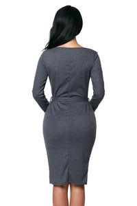 Sexy Gray Long Sleeve Button Down Midi Dress with Sash Belt