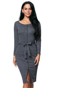 Sexy Gray Long Sleeve Button Down Midi Dress with Sash Belt