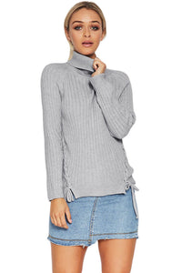 Sexy Gray Long Sleeve Turtleneck Braided Sweater