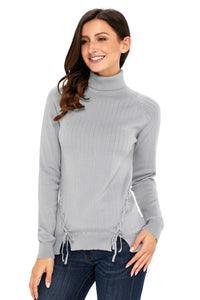 Sexy Gray Long Sleeve Turtleneck Braided Sweater