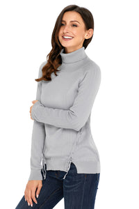 Sexy Gray Long Sleeve Turtleneck Braided Sweater