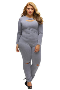 Sexy Gray Plus Size Slit Long Sleeve Jumpsuit