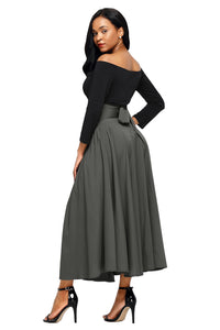 Sexy Gray Retro High Waist Pleated Belted Maxi Skirt