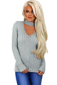 Sexy Gray Ribbed Choker Neck Sweater