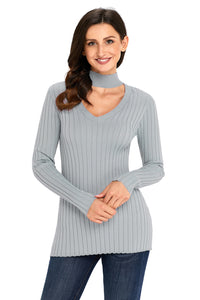 Sexy Gray Ribbed Choker Neck Sweater