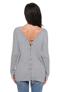 Sexy Gray Sexy V Neck Lace up Front Sweater