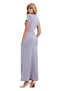 Sexy Gray Short Sleeve Ruched Waist Maxi Dress