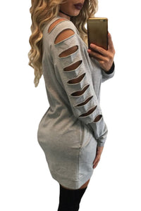 Sexy Gray Sporty Long-Hollow-Sleeves Cotton Shift Dress