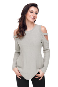 Sexy Gray Strappy Cold Shoulder Textured Sweater Top