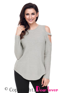 Sexy Gray Strappy Cold Shoulder Textured Sweater Top