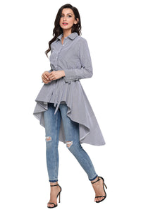 Sexy Gray Striped Lapel Shirt High Low Belted Blouse Top