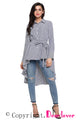 Sexy Gray Striped Lapel Shirt High Low Belted Blouse Top