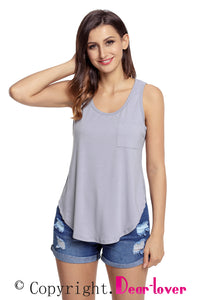 Sexy Gray Summer Side Slits Tank Top with Pocket