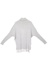 Sexy Gray Turtleneck Fringe Hemline Tunic Sweater