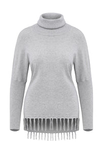 Sexy Gray Turtleneck Fringe Hemline Tunic Sweater