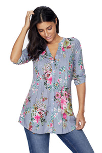 Sexy Gray V Neck Pleat Button Front Floral Tunic Top
