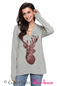 Sexy Gray Women's Sequin Christmas Reindeer Top