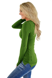 Sexy Green Button Long Sleeve Top with Pockets