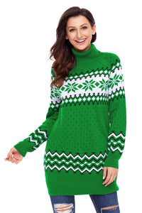 Sexy Green Christmas Snowflake Knit Turtleneck Jumper