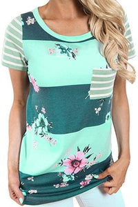 Sexy Green Colorblock Floral Striped Casual T-shirt