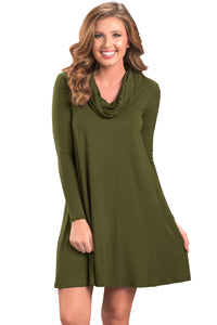 Sexy Green Cowl Neck Long Sleeve Casual Loose Swing Dress