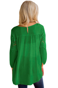 Sexy Green Crochet Detail Long Sleeve Babydoll Top