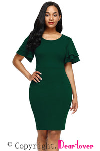 Sexy Green Flare Sleeve Back Slit Sheath Dress