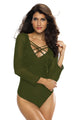 Sexy Green Floral Applique Front Long Sleeve Mesh Bodysuit
