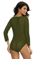 Sexy Green Floral Applique Front Long Sleeve Mesh Bodysuit